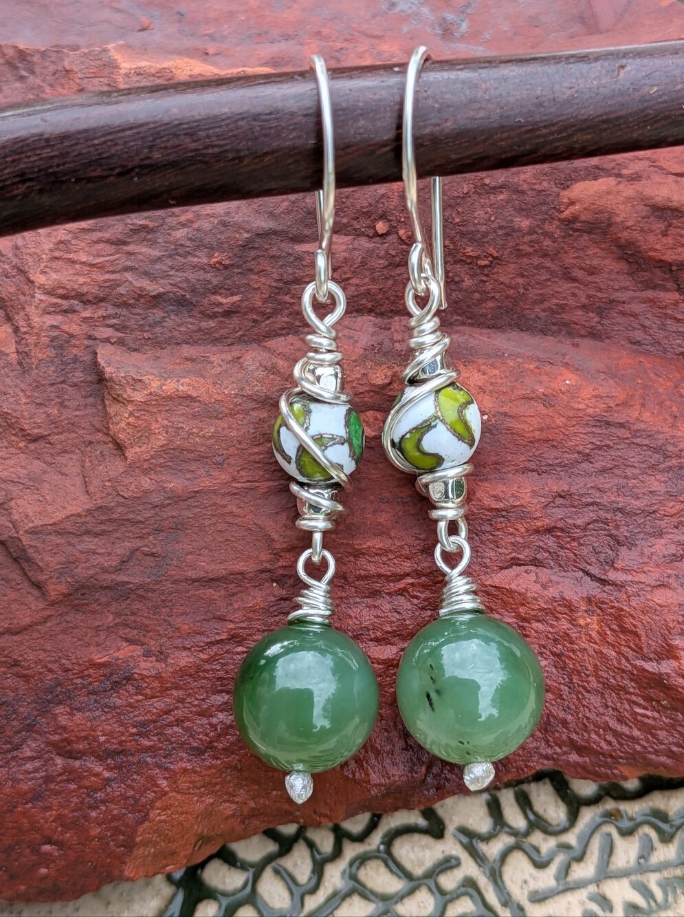 Artisan Jade Earrings-Natural Gemstone and Vintage Cloisonne In Sterling Silver - Picture 11 of 14